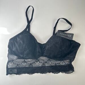 Black Lace Wireless Bralette Ribbon Cross Back Lingerie M/L NWT